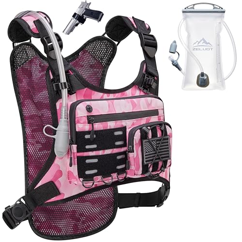 Zelvot Running Vest with 2L Water Bladder, Hydration Backpack, U.S. Design Patent, Lightweight Hydration Pack with Gear Holder, Reflective Chest Pack for Men Women - color: Camo Pink, size: X-Small-Small