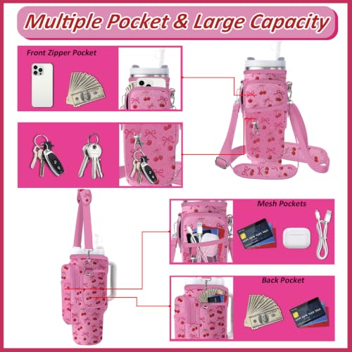 Water Bottle Carrier Bag for Stanley 40/30oz Cup Tumbler with Phone Pocket,Insulated Crossbody Water Bottle Holder with Adjustable Strap,Water Bottle Sling Pouch for Hiking Walking Camping Accessories - color: Pink Cherry Bow
