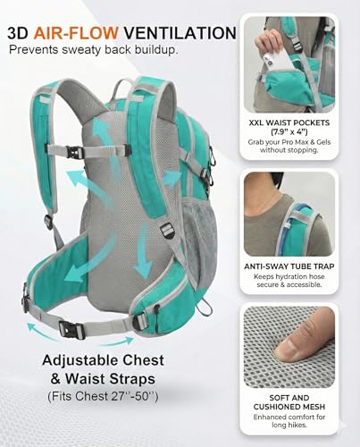 VPBAGE Hydration Backpack with 2L Bladder – Thermal Insulated Water Pack for Hiking, Skiing, Running – Lightweight Daypack for Men & Women, Soft-Lined Sunglasses Pocket & Large Waist Pockets - color: Teal