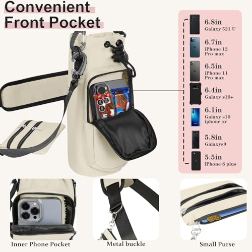 Insulated Water Bottle Carrier with Adjustable Strap - 25/32/40 oz Water Bottle Crossbody Bag with Small Purse for Hiking, Gym, Travel - color: Cream