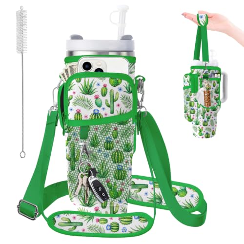 Water Bottle Carrier Bag for Stanley 40/30oz Cup Tumbler with Phone Pocket,Insulated Crossbody Water Bottle Holder with Adjustable Strap,Water Bottle Sling Pouch for Hiking Walking Camping Accessories - color: Cactus Palm Leaves Aloe Vera