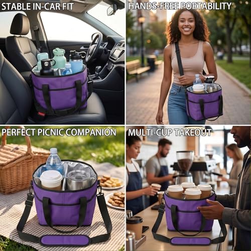 Drink Carrier Tote Bag, Family Size 4 Compartment Drink Carrier - color: Purple