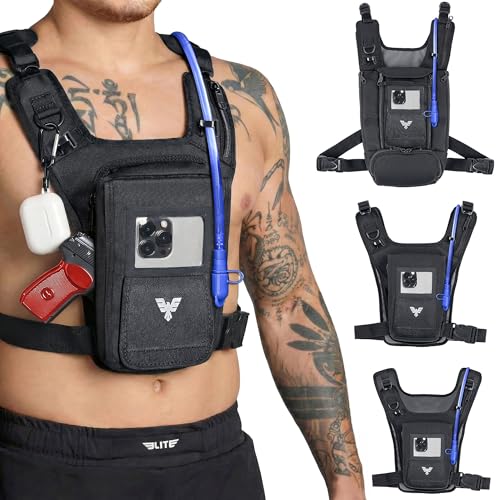 Elite Hydra Running Chest Pack w/ Phone Holder Touch Friendly, Camera Pocket for Men/Women Lightweight Hydration Vest Chest Rig w/ Water Bladder for Marathon, Cycling, ADV Camping, Skiing - size: Medium