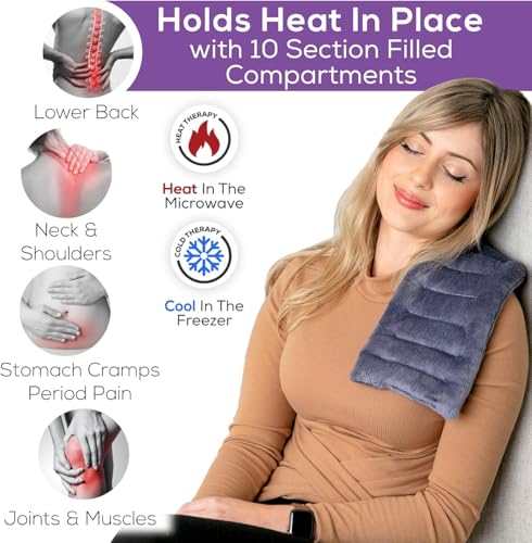 Purple Moon Collection - Microwavable Heating Pad for Neck & Shoulders - 6x16, Gray - Flaxseed Heat Pack - Weighted Hot & Cold Therapy Compress Wrap for Pain Relief, Menstrual Cramps, Sore Muscles - color: Gray