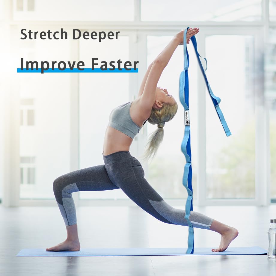 Stretching Strap Yoga Strap with Loops for Physical Therapy, Non-Elastic - color: Black+Blue/Light Blue
