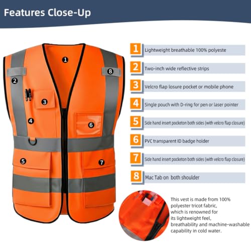 Safety Vest High Visibility Reflective Construction Vest - color: Orange, size: Large