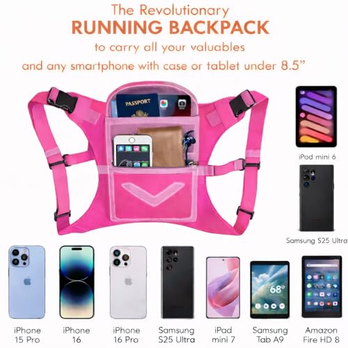 Runtasty Running Mini Backpack Vest for Men & Women, Reflective Phone Holder, Fits Any Phone & iPad Mini, Lightweight Gear - color: Hot Pink