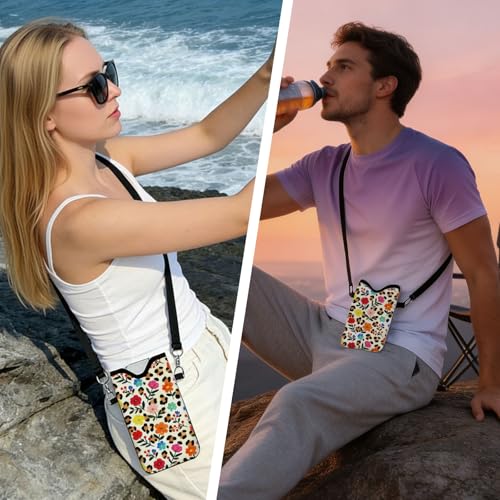 GLOBLELAND Flower Nylon Cell Phone Sleeve Pouch Case Bag 7.1×3.9 inch Leopard Print Shockproof Universal Phone Bag with Crossbody Strap Neck Lanyard for Women Men Phone Headphones Watch - color: Flowers