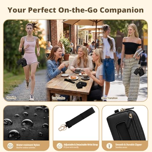Dual Pouch Wristlet Keychain Wallet for Women, Coin Purse with RFID Blocking, Nylon Phone Wallet & Card Holder - color: Black