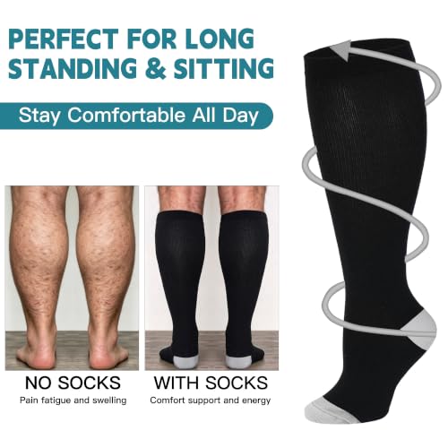 3/4 Pairs Wide Calf Compression Socks for Women Men 20-30 mmHg Knee High - color: Black, size: XX-Large