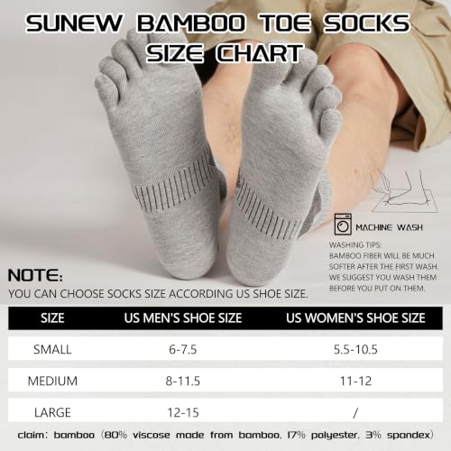 Sunew 3 Pairs Toe Socks for Men Women,Viscose Bamboo Breathable Athletic Running Five Finger Ankle/Quarter Socks - color: 3 Pairs Light Grey, size: Medium