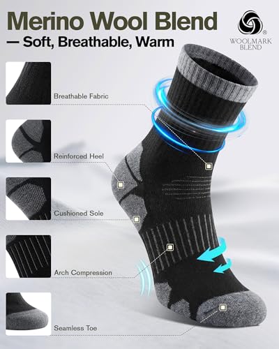 TANSTC Merino Wool Hiking Socks, Moisture Wicking Socks for Men & Women - color: Medium-black (3 Pairs), size: 6-8