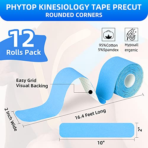 K Tape 12 Roll Pack Athletic Tape - Waterproof Precut Kinesiology Tape (10" Strips) for Knees Shoulders Ankles Elbows, Latex Free Breathable kinesiotape for Sports & Recovery (Mixed Colors)