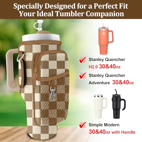 Stanley Carrier Bag for Stanley 40oz/30ozTumbler with Phone with 2 Adjustable Strap,3 Pockets Bottle Stanley Cup Carrier Bag & Case,Accessories for Hiking Travelling - color: Gray and white checkered