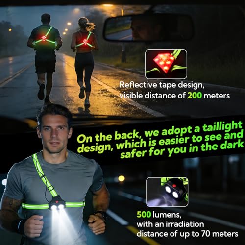 VZZNN 2 Pack Running Lights for Runners -500 Lumens Adjustable Running Light Up and Down with Dual-Reflective Straps, USB Rechargeable, IPX4 Waterproof Night Run Gear for Jogging, Walking & Cycling