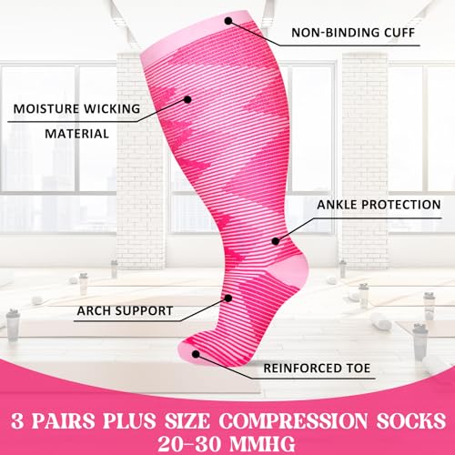 3 Pairs Plus Size Compression Socks for Women Wide Calf Extra Large Knee High Support for Travel,Yoga, Running