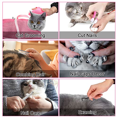 JULMELON 10PCS Cat Bathing Bag Adjustable Shower Washing Net Grooming Set - color: Pink+Grey