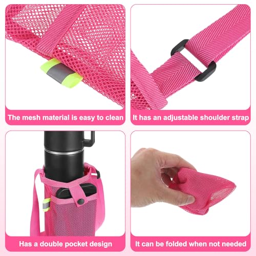 Uxcell Water Bottle Holder With Adjustable Shoulder Strap, Carrier Bag, Mesh Crossbody Carrier With Pocket for Sports, Hiking, Walking, Travel - color: Rose Red
