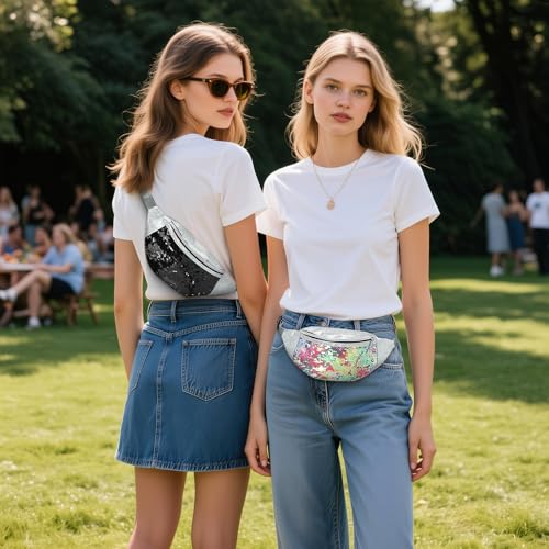 Holographic Sequined Fanny Packs for Women, Waist Belt Bag Fashion, Crossbody Bum Bag for Running, Sky Blue - color: Colorful Red