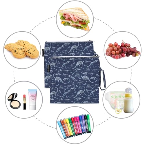 Fammart Reusable Sandwich Bag/Snack Bag for Kids & Adults, Dual Layer Lunch Bag with Handle, Washable, Food Safe, BPA Free (2-Pack, Dinosaur Fossil) - color: Large, 2 Packs - Dinosaur Fossil