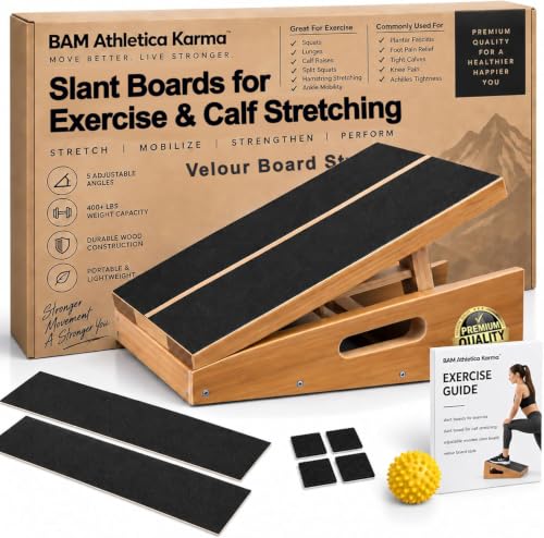 BAM Athletica Slant Boards for Exercise – Adjustable Wooden Calf Stretcher Incline Board for Calf Stretching, Squats, Physical Therapy, Plantar Fasciitis, Knee, Foot & Ankle Rehab, Velour Slant Board - color: Premium Slant Board | Large Full Coverage