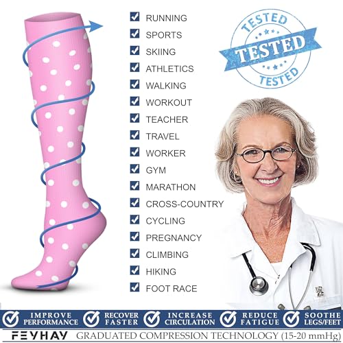 FEYHAY Copper Compression Socks (3 Pairs) 15-20 mmHg Circulation is Best Athletic & Daily for Men & Women, Running, Climbing - color: 20 Pink Dots, size: Small-Medium