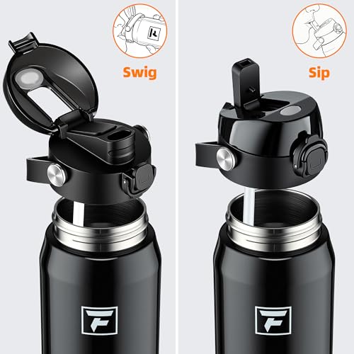 Fanhaw 24oz Stainless Steel Water Bottle with 2-in-1 Lid, Glossy Black - color: Glossy Black