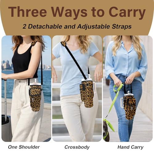 Water Bottle Carrier Bag for Stanley Cup 40/30oz, Neoprene Water Bottle Holder Pouch with 3 Pocket Adjustable Shoulder & Hand Strap - color: Brown Leopard Print