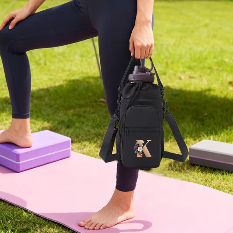 Initail Water Bottle Holder with Strap, Adjustable Multi-Function Water Bottle Bag for 32oz/40oz, Lightweight Shoulder Carrier for Hiking, Travel, Sports, and the Gym - color: BK-K