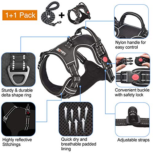 tobeDRI No Pull Dog Harness Adjustable Reflective Oxford Easy Control Medium Large Dog Harness with A Free Heavy Duty 5ft Dog Leash, Black, M - color: Black, size: Medium