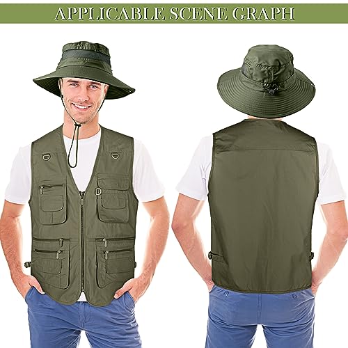 Janmercy 2 Pcs Men's Fishing Vest with Hat for Halloween Cosplay - color: Army Green, size: Small