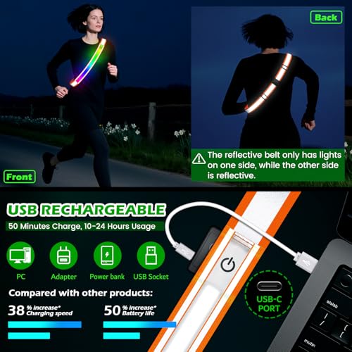 LED Reflective Belt Sash, High Visibility 5 Color 3 Light Mode Rechargeable LED Waistband Reflective Running Gear, Light Up Waist Belt Safety Gear for Running Walking Cycling at Night - color: Orange