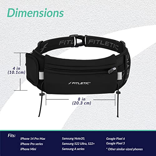 Fitletic - Ultimate II Running Pouch with Gels, Runners Pouch, Running Waist Belt with Gel Loops, Exterior Pocket, Inner Pocket, and Integrated Bib Toggles, Running Accessories - color: Black