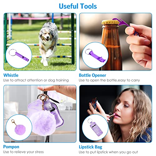 AMIR Safety Keychain Set for Women and Kids, 10 Pcs Safety Keychain Accessories with Sound Personal Alarm, Whistle and Pom - color: Purple
