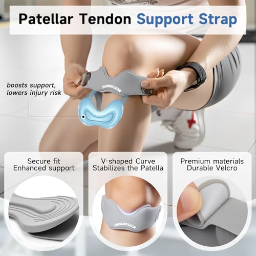 MANUEKLEAR V-Shaped Patella Bands, Adjustable Flex Wrap Patellar Tendon Support Strap for Men Women, Silicone Patella Knee Straps Suitable for Pain Relief Running Hiking Basketball, (2pcs) - color: Gray