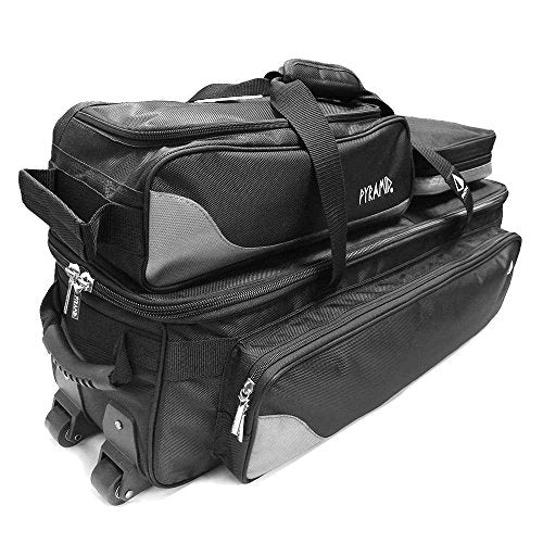 Pyramid Path Triple Tote Roller Plus Bowling Bag with Detachable Shoe Bag (Fits US Mens Size 15), Accessory and Side Pocket, Lightweight Travel Design - color: Black/Silver