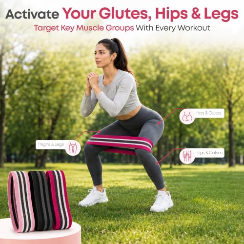 Fabric Resistance Bands for Working Out - Pack of 3 Non-Slip Booty Bands for Legs, Glutes & Butt - Light Medium Heavy Hip Circle Bands for Women and Men - Squats, Hip Thrusts, Glute Training