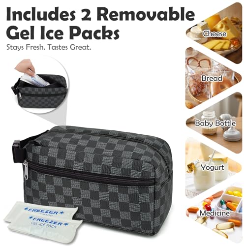 Fammart Freezable Snack Bag with Removable Ice Packs, Small Insulated Lunch Bag Mini Cooler, Leakproof Reusable Snack Lunch Box with Buckle Handle for Work, Travel, Office - Checkered Gray - color: with Ice Packs - Checkered Gray