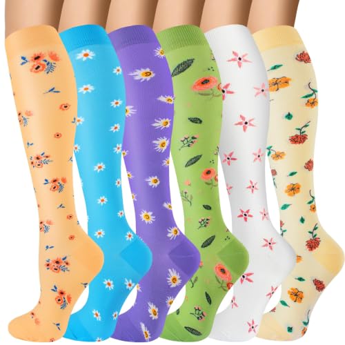 6 Pairs 20-30 mmHg Knee High Compression Socks, Unisex, Running, Travel - color: F-blue, size: Small-Medium