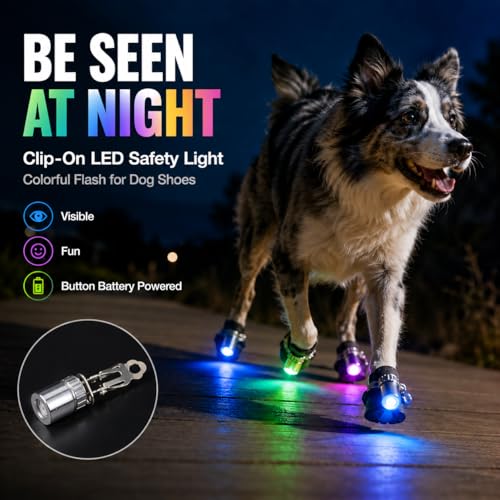 Dog Shoes LED Light, Clip-On Safety LED Light for Pet Boots, Night Visibility Shoe Light, Waterproof Glowing Accessory for Dog Shoes, Halloween Light Up Pet Shoe Light (Rainbow Flash, 4)