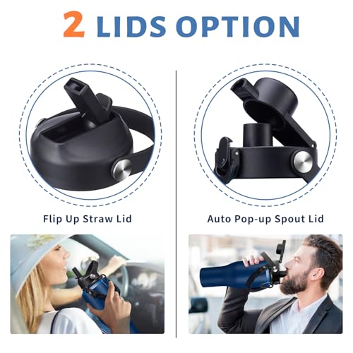 40 oz Vacuum Insulated Water Bottle, Fits Car Cup Holder – Leak Proof Mug - color: Navy Blue, size: 40 Ounces