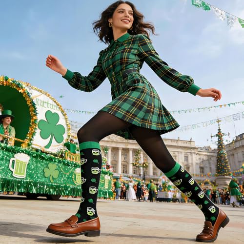Compression Socks for Women Festival Knee High Socks Calf Stockings - color: Black Green Beer Cups, size: Large