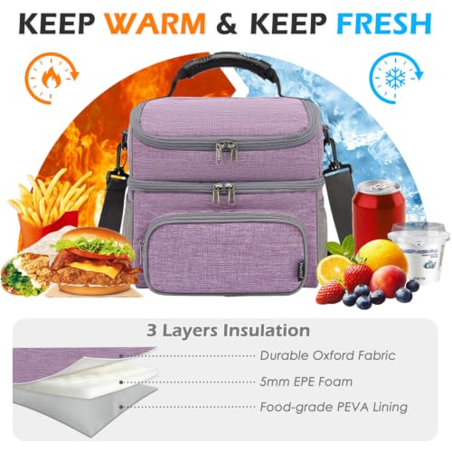 FlowFly Double Layer Cooler Insulated Lunch Bag Adult Lunch Box Large Tote Bag for Men, Women, With Adjustable Strap,Front Pocket and Dual Large Mesh Side Pockets - color: Purple