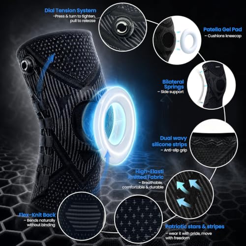 Knee Brace with Dial Adjustment, Adjustable Compression Knee Support with Patella Gel Pad & Side Stabilizers, Running Knee Brace Joint Pain Relief Brace for Workout, Arthritis, Meniscus Support, Complete Joint Support Kit Includes Wrist Wrap (XL,Left) - s