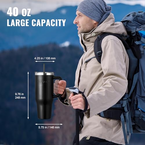 VEVOR 40 oz Insulated Water Bottle, Stainless Steel Sports Coffee Cup with Lid, Handheld Travel Coffee Mug Double Walled, Camping Hydration Flask Leakproof, for Indoor/Outdoor School, Work, Black