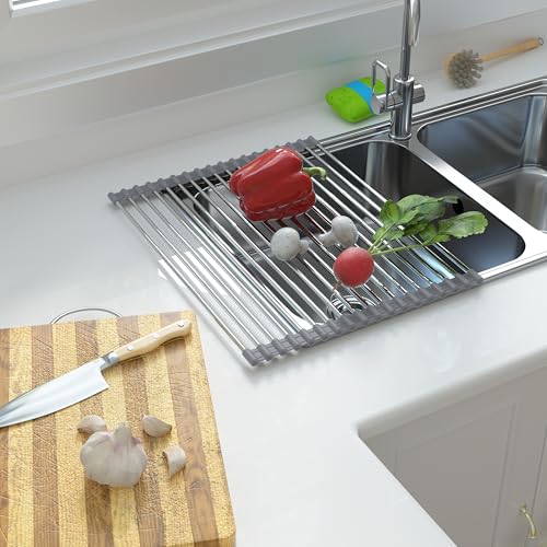 Large Expandable Roll Up Dish Drying Rack, Heat-Resistant Dish Drainer for Stainless Steel Sinks, Over The Sink Non-Slip Silicone Rollable Dish Drainer Roll Rack 18 Tube Gray 21.25''x12.79'' - size: Gray+Silver Tube