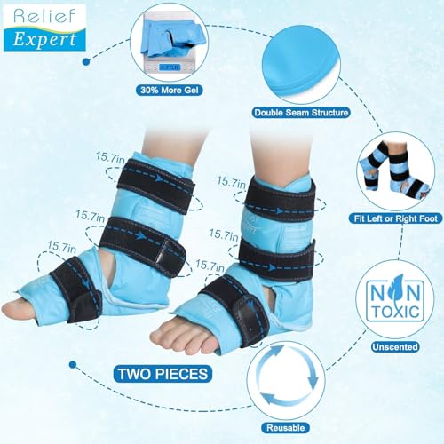 Relief Expert Ankle Ice Pack Wrap 2 Packs – Reusable Cold Gel Pack for Foot and Heel, Dual-Sided Design with Soft Plush Lining, Flexible Cold Compress for Achilles and Ankle Support, Blue - style: Blue-Pack 2