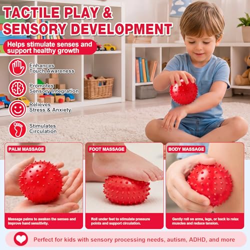 Jerify Knobby Balls Spiky Sensory Bouncy Balls Bulk - color: Red