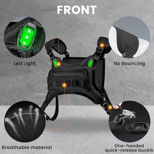 Running Chest Pack with Light, Chest Packs for Phone Holder, Edc Bag for Running, Lightweight Extra Storage Sports Chest Pouch for Runners Cycling Motorcycle Hiking