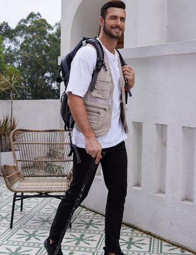 Gihuo Men's Utility Vest Fishing Safari Vest Summer Travel Vest with Pockets - color: Beige 02, size: Small